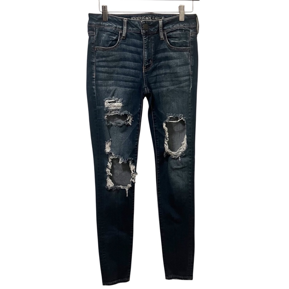 Size 6 Long Women’s American Eagle Dark Wash Super StretchX Ripped Jegging Jeans